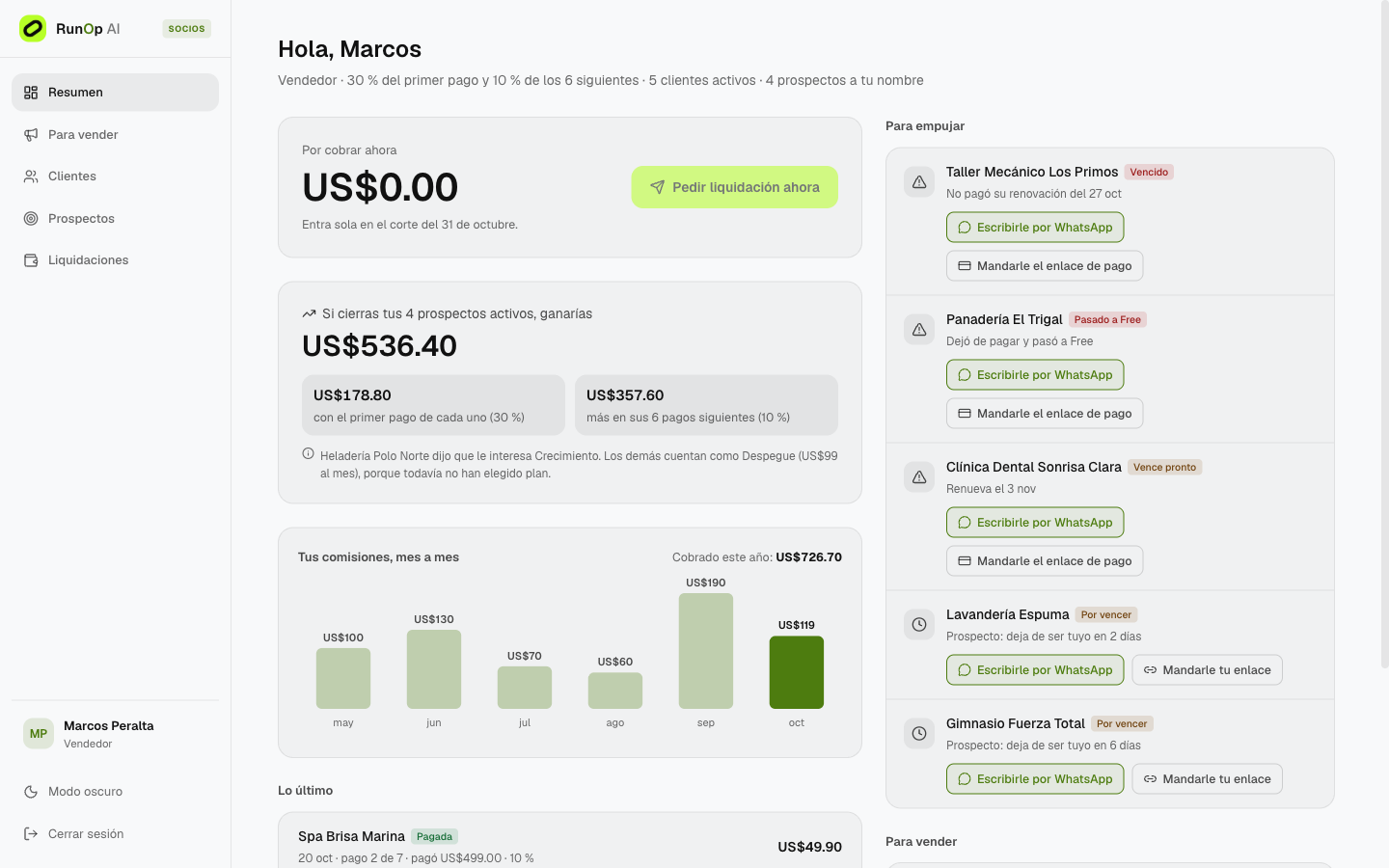 El portal del vendedor en la computadora: lo que tiene por cobrar, lo que ganaría con sus prospectos, sus comisiones mes a mes y los clientes a los que le toca escribir