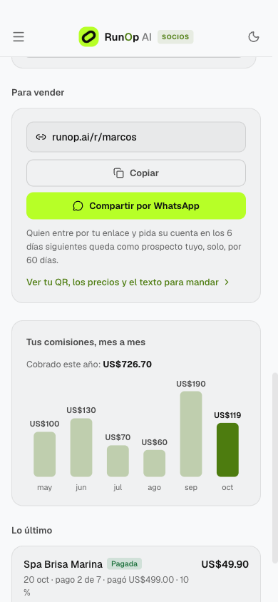 El mismo portal en el teléfono, con su enlace para compartir y la gráfica de comisiones